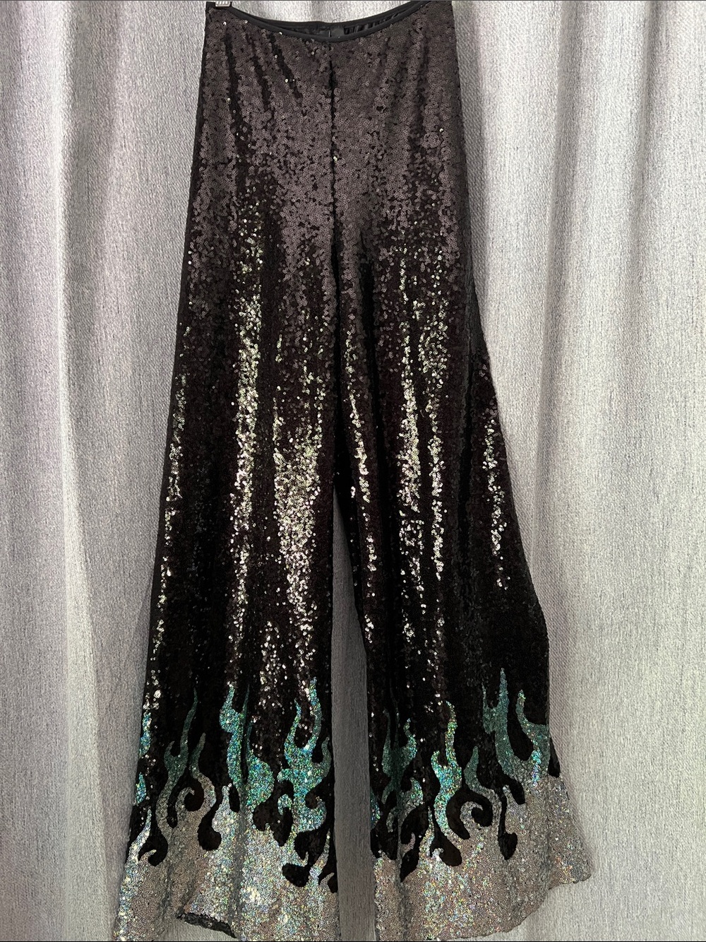 Dramatic Sequin Wide-Leg Flame Hem Pants - Black